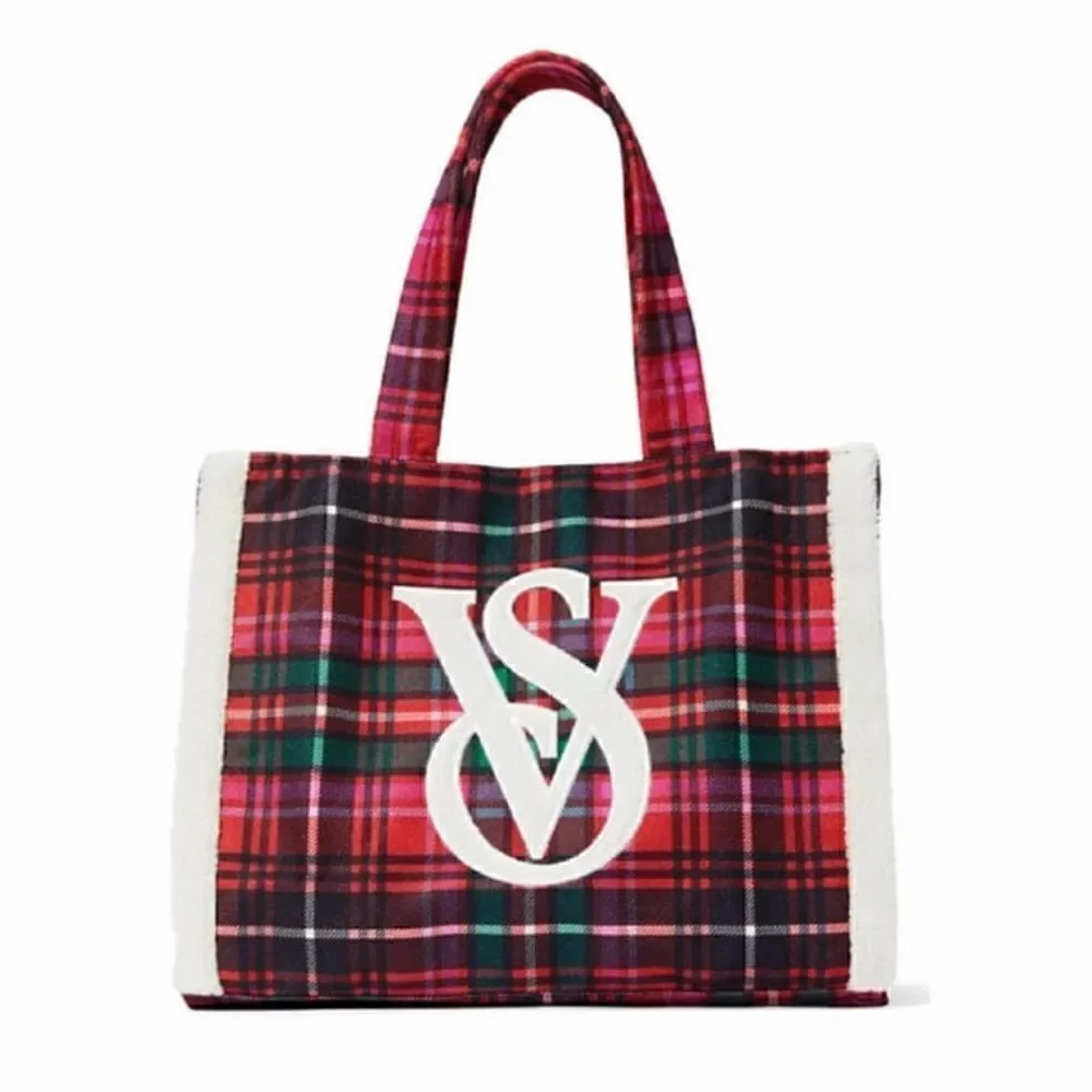 Victoria’s Secret Red Green Plaid Shearling Trim Holiday Winter Travel Tote Bag